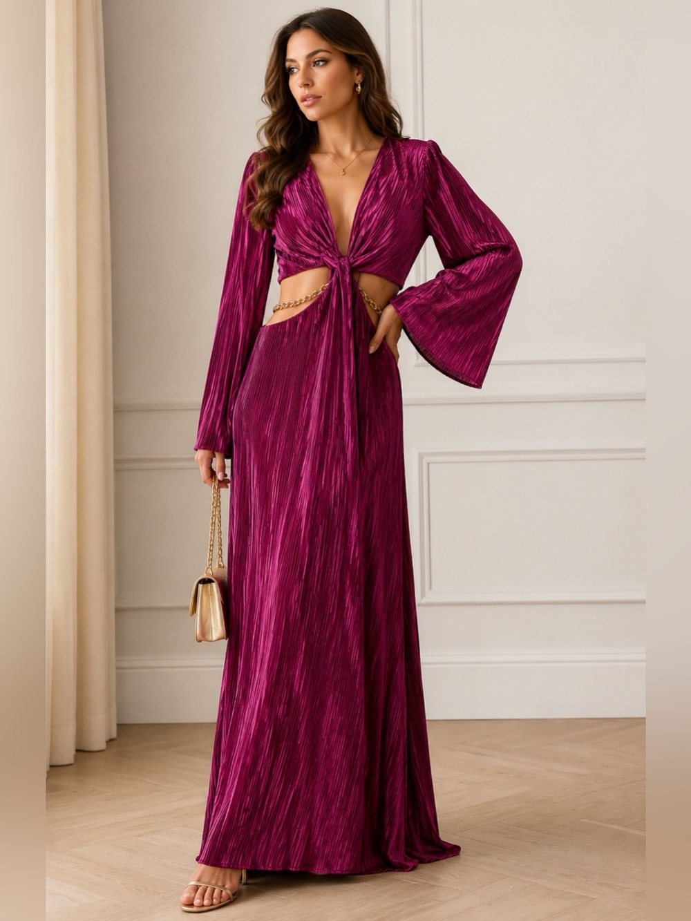 Ramy Brook Pleated Velvet Cutout Maxi Dress Magenta Size Small